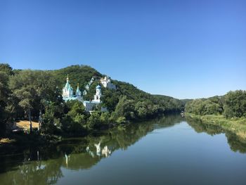 Scenic view of lake against clear blue sky