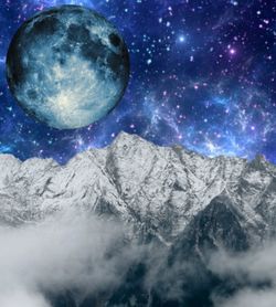 Digital composite image of mountain and clouds at night