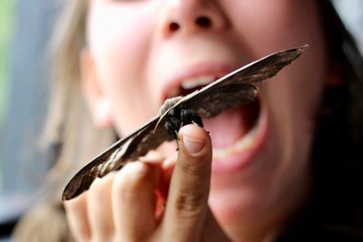 Close-up of woman screaming while holding insect