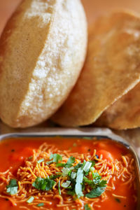 High angle view of bread in plate on table