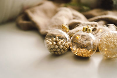 Christmas golden balls and decorations. christmas holiday celebration.