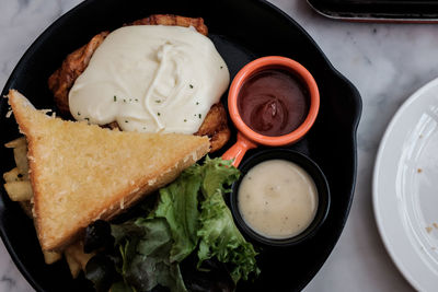 High angle view of breakfast on table