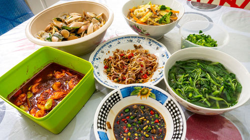 High angle view of food served on table