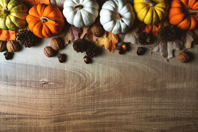 High angle view of pumpkins on table