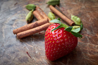 Close-up of strawberries on table