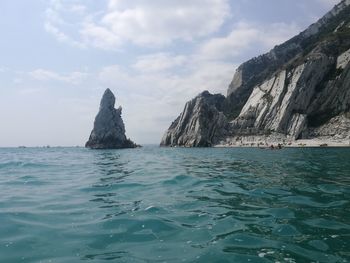 Scenic view of rocks in sea against sky