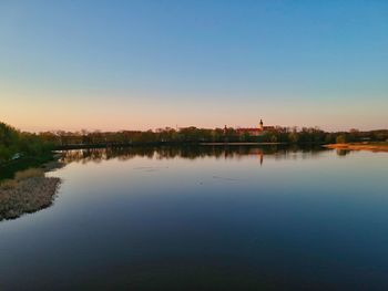 Scenic view of lake against clear sky