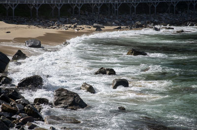 Waves splashing on rocks at shore