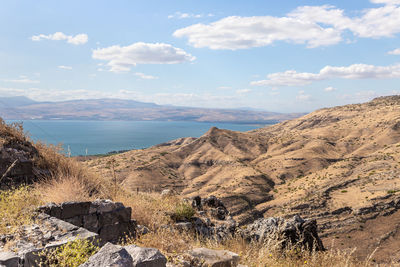 Scenic view of sea and mountains against sky