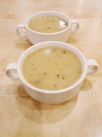 High angle view of soup in bowl on table