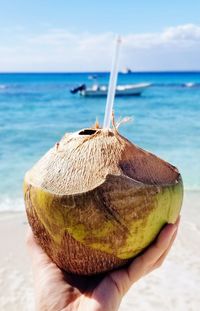 Hand holding a coconut with a straw, beach and boat in the background