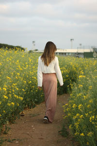 Rear view of woman walking on footpath amidst plants