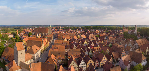 High angle shot of townscape against sky