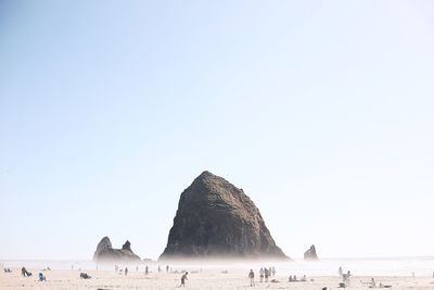 People on beach against clear sky