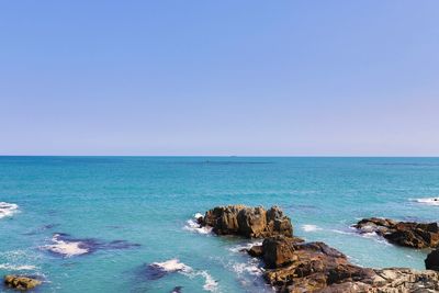 Scenic view of sea against clear blue sky