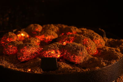 Close-up of glowing charcoal the dark