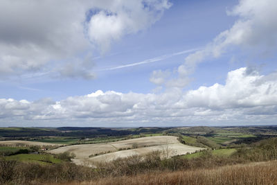 Scenic view of field against cloudy sky