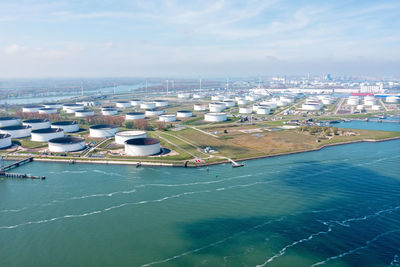 High angle view of city at waterfront