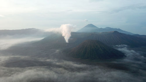 Panoramic view of volcanic landscape against sky