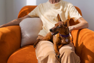 Mature woman sitting in chair with a small dog of the miniature pinscher breed