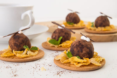 Close-up of chicken balls with corn flakes