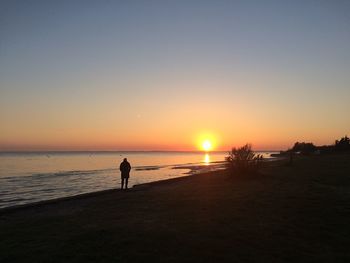 Silhouette of man standing on beach at sunset