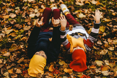 High angle view of child lying down on land during autumn