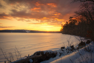 Scenic view of lake against sky during sunset