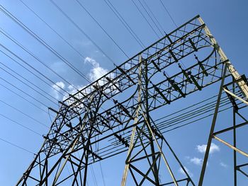 Low angle view of electricity pylon against sky