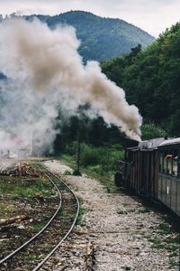 Smoke emitting from train on railroad track