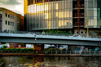 Bridge over river against buildings in city