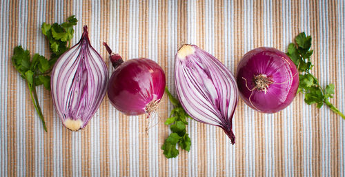 Red onions with fresh cilantro, top view