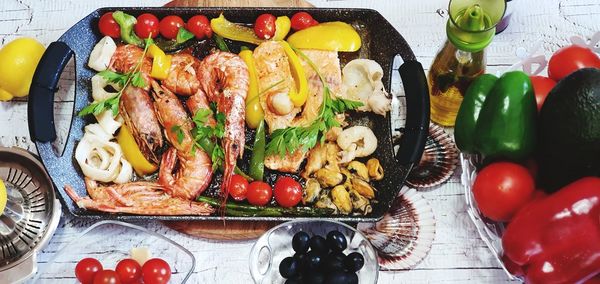 High angle view of fruits and vegetables on table