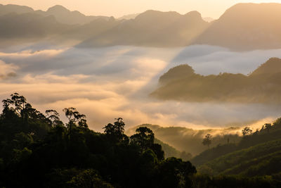 Scenic view of mountains against sky during sunset