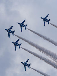 Low angle view of airplane flying against sky