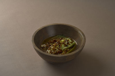 High angle view of food in bowl on table