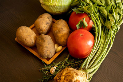 High angle view of vegetables on table