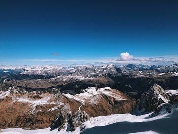 Scenic view of snowcapped mountains against clear blue sky