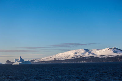 Scenic view of sea and snowcapped mountains against clear blue sky