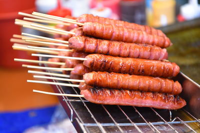 Close-up of meat on barbecue grill