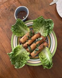 High angle view of vegetables in plate on table