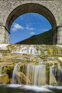 Scenic view of waterfall against sky