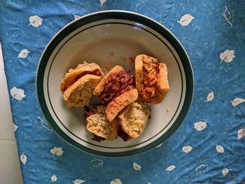 High angle view of food served on table