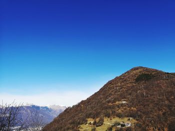 Scenic view of snowcapped mountains against clear blue sky