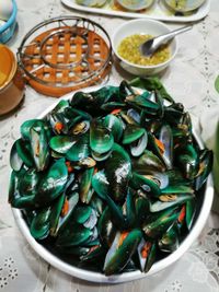 High angle view of vegetables in bowl on table