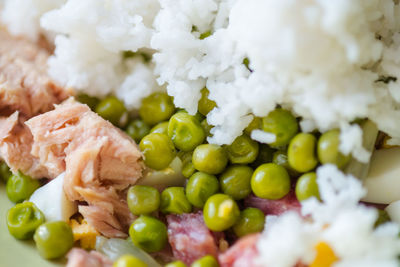 Close-up of cooked peas and rice with meat