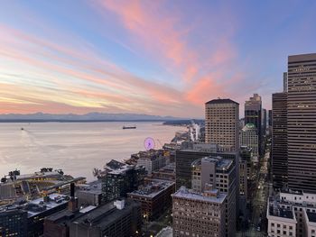 High angle view of cityscape against sky during sunset