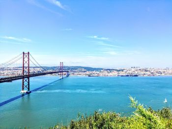 View of suspension bridge in city