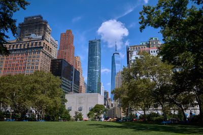 Panoramic shot of buildings in city against sky