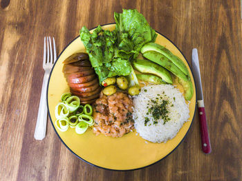 High angle view of food in plate on table